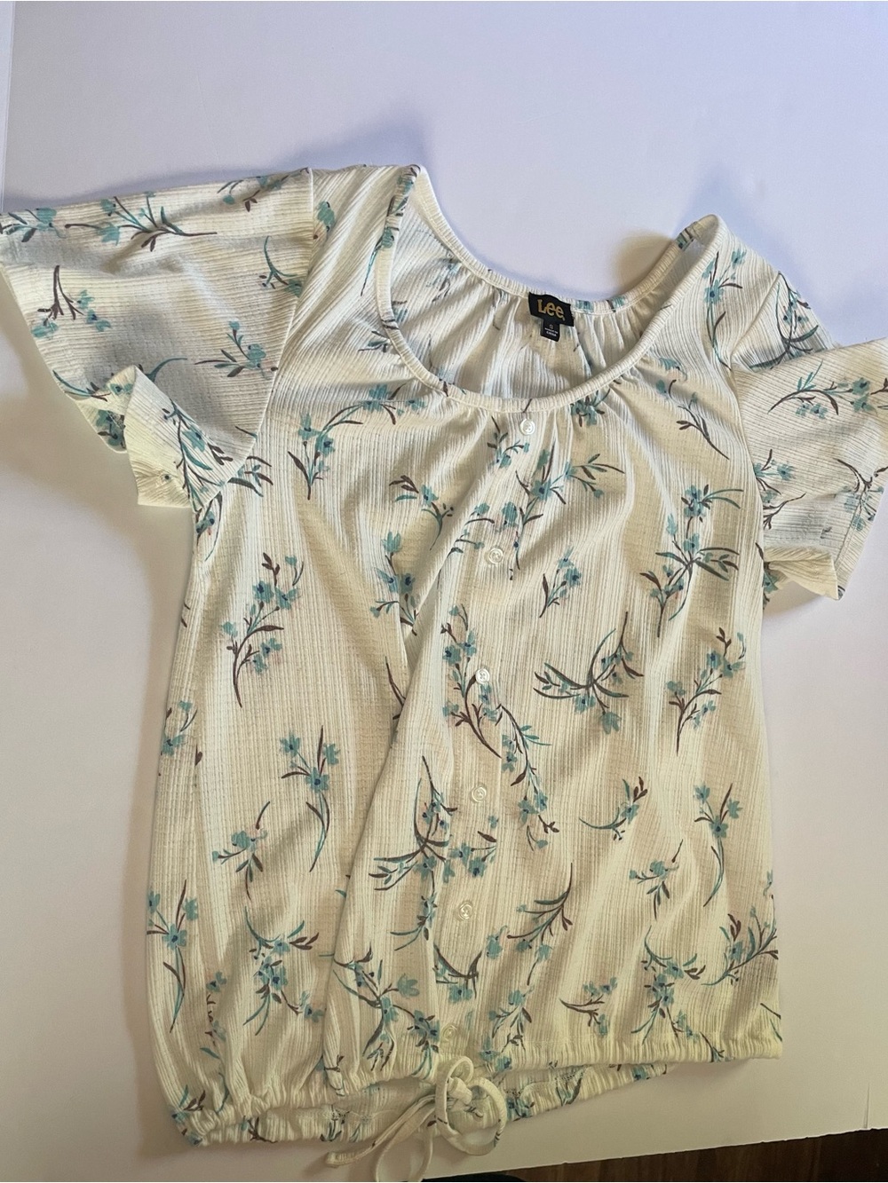 Lee Cream Short-Sleeve Button Front Floral Blouse with Blue Accents